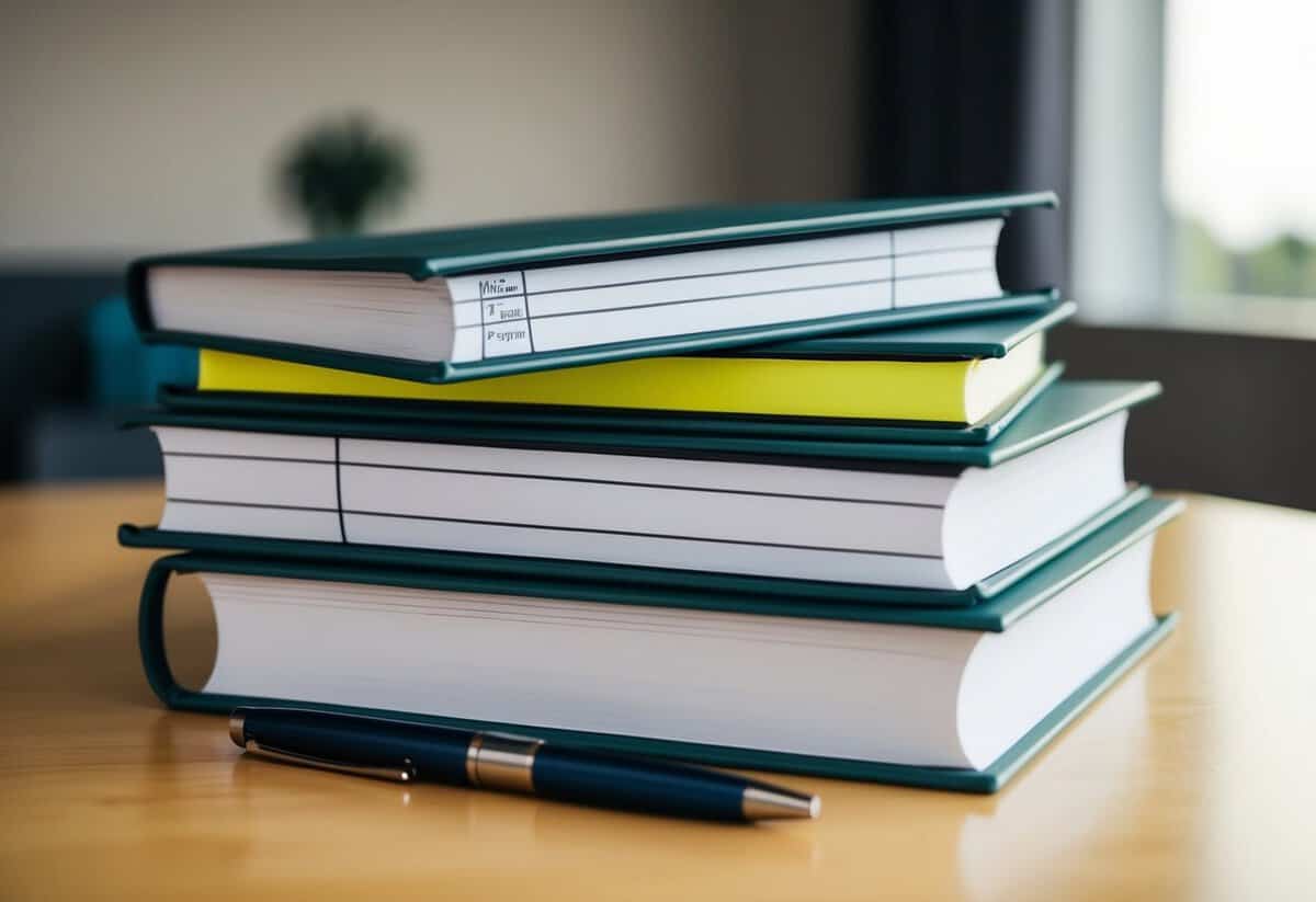 A stack of open wedding planning books with highlighted sections and notes, a pen laying next to them