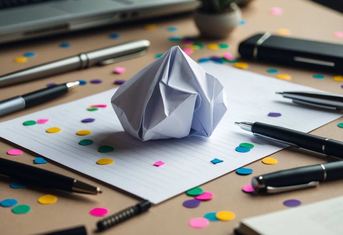A crumpled piece of paper surrounded by discarded pens and scattered confetti on a cluttered desk
