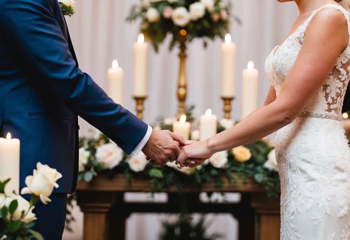 A bride and groom stand facing each other at the altar, surrounded by flowers and candles. They hold hands and look into each other's eyes as they share their personalized vows