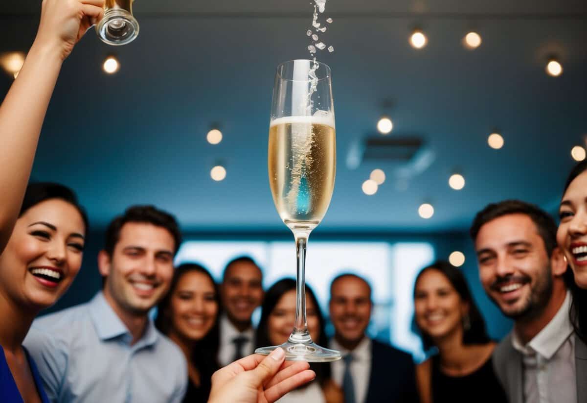 A champagne glass raised in the air, surrounded by smiling faces and a joyful atmosphere