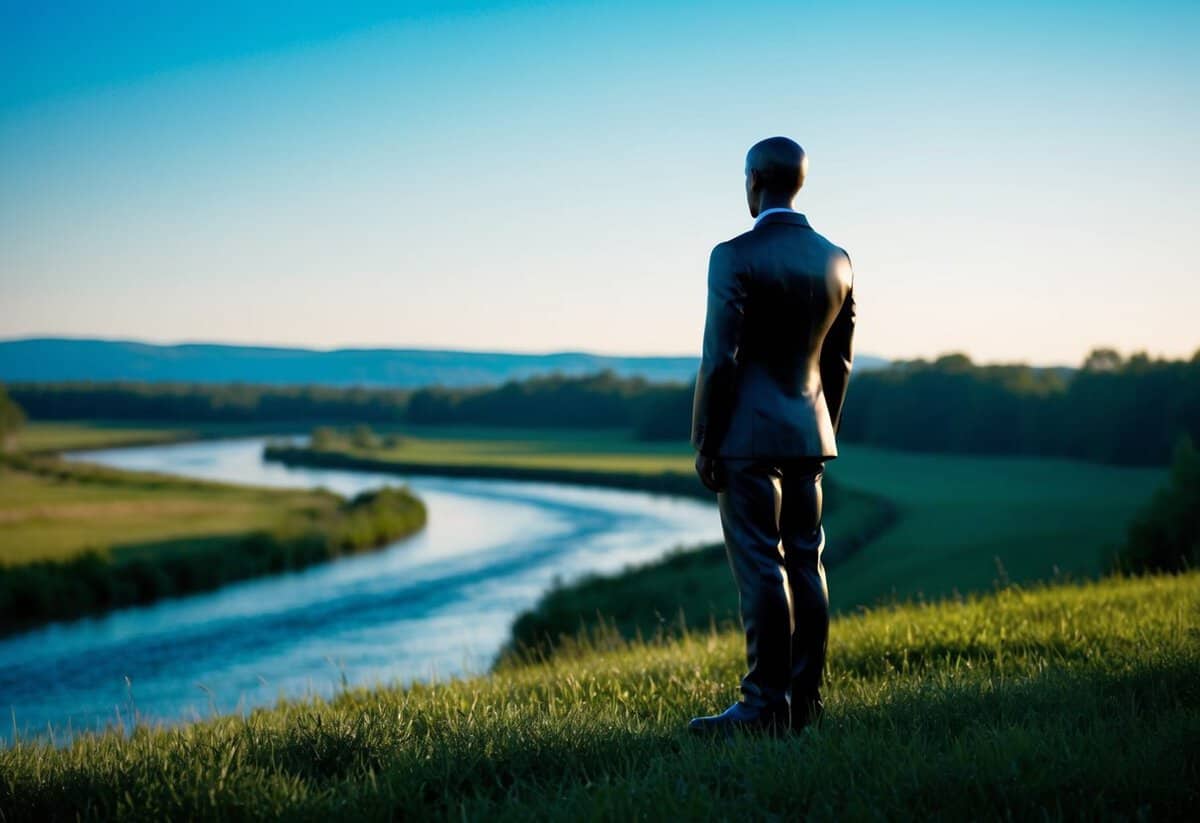 A figure standing before a serene landscape, with a clear blue sky and a meandering river, as they contemplate the concept of vows and promises