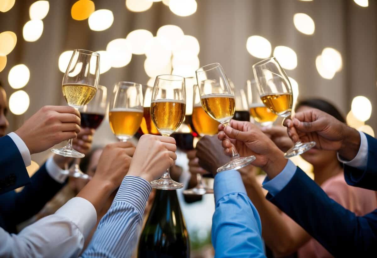 A group of figures raise their glasses in a celebratory gesture