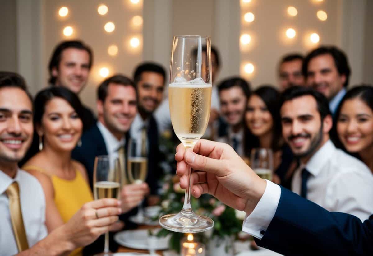 A champagne glass raised in a room filled with smiling faces