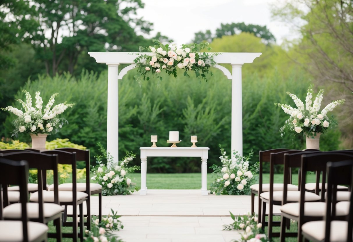 A serene outdoor setting with a simple, elegant altar and a backdrop of lush greenery and blooming flowers