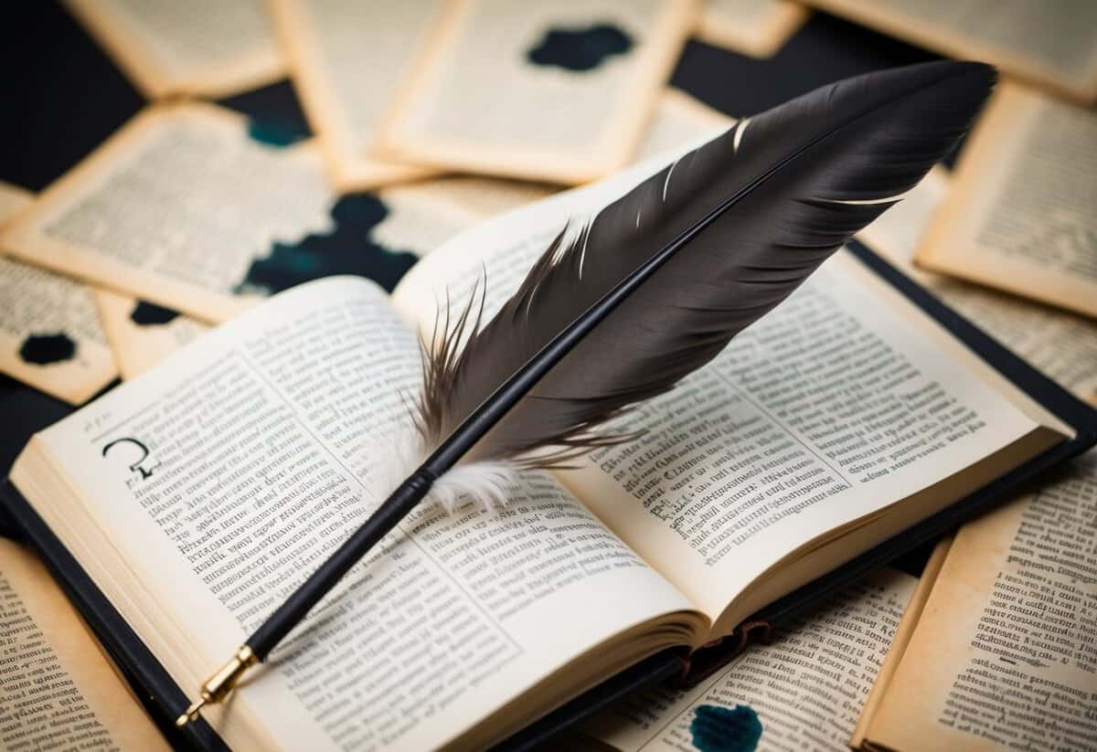 A quill pen poised over an open book, surrounded by scattered pages and ink stains
