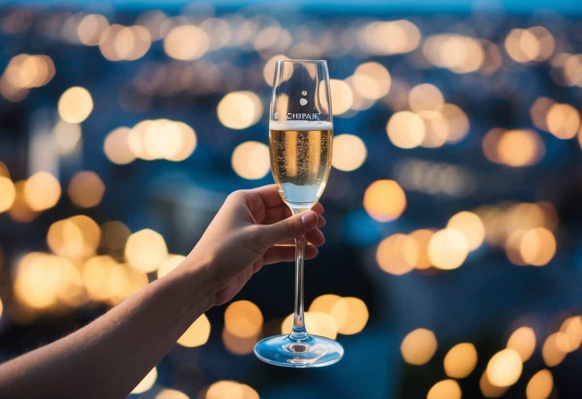 A champagne glass raised in a celebratory gesture