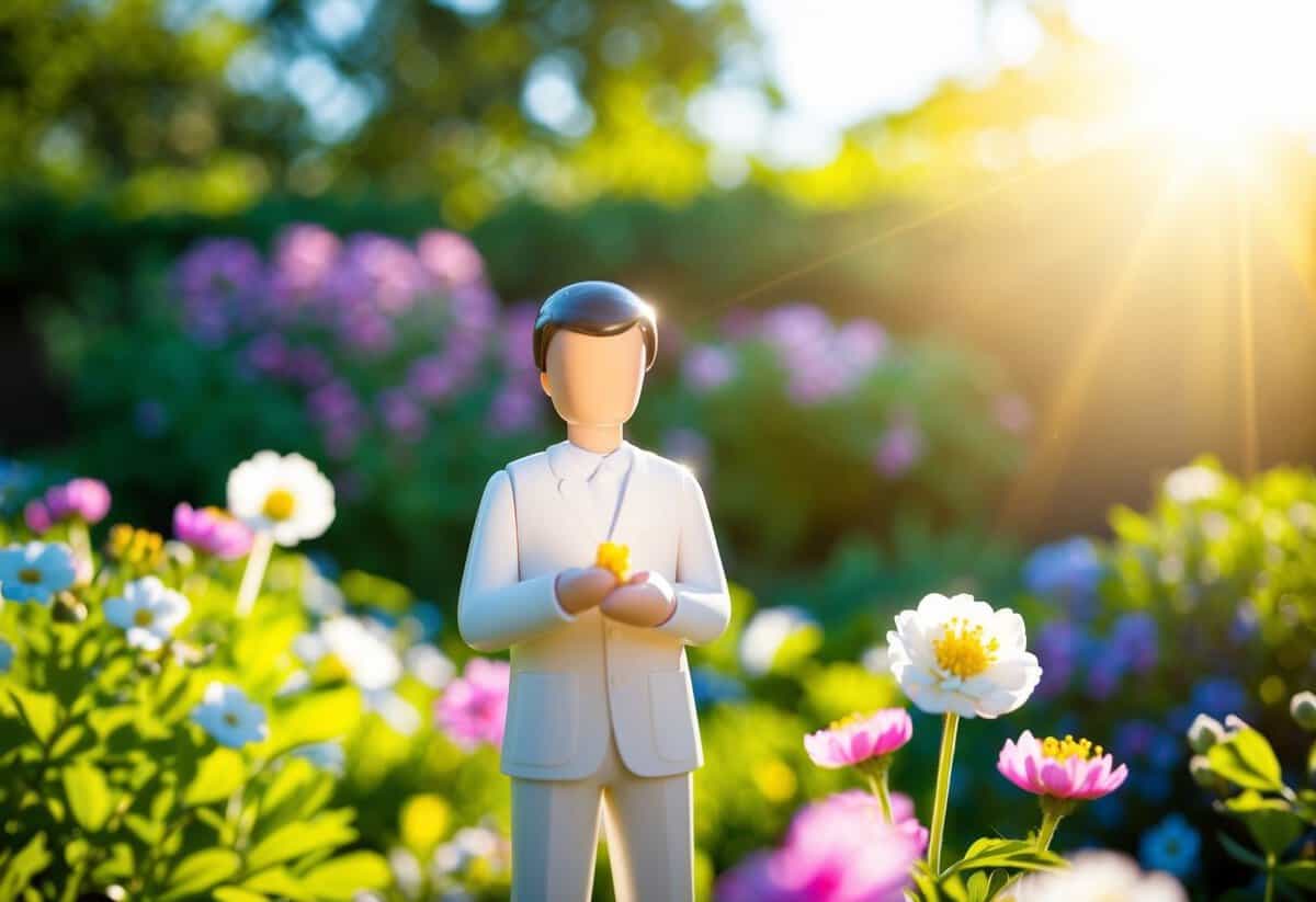 A figure stands in a sunlit garden, holding a small object in their hand, surrounded by blooming flowers and lush greenery