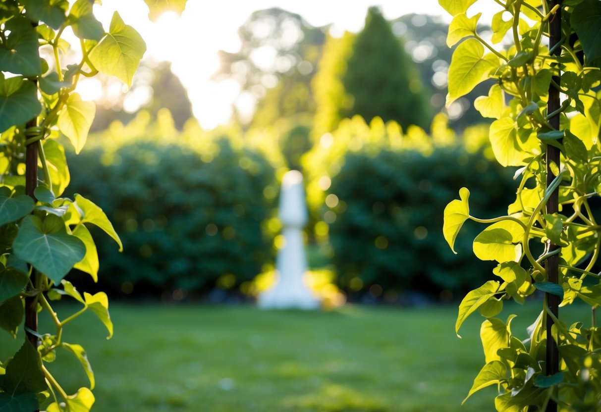 A serene, sunlit garden with two intertwining vines representing the unity and commitment of personal vows
