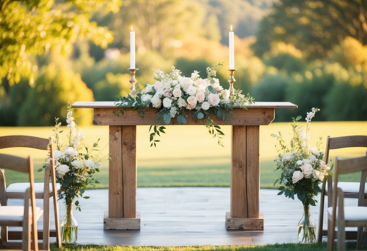 A serene outdoor wedding setting with a rustic wooden altar adorned with delicate flowers, bathed in warm sunlight
