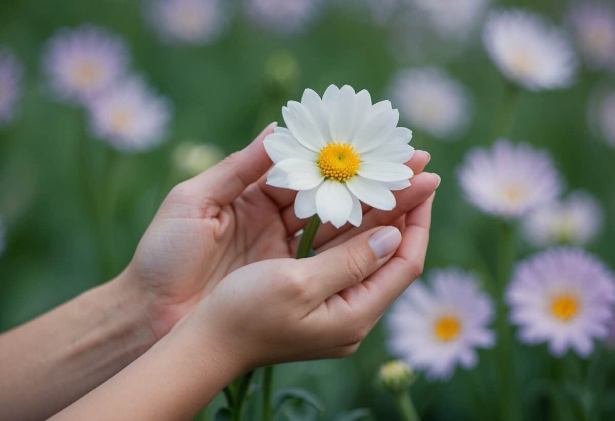 A delicate flower held gently in a protective embrace, symbolizing the act of cherishing and holding onto something precious