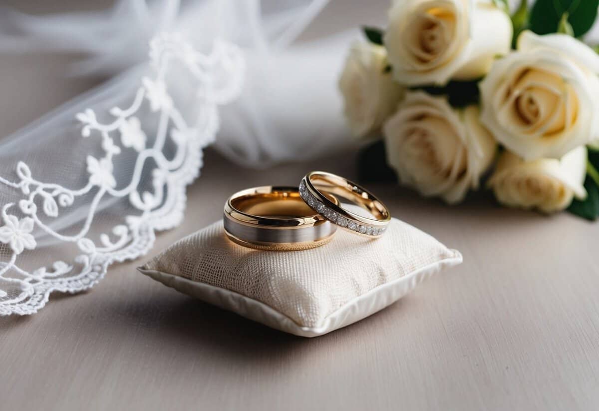 A pair of intertwined wedding bands sits on a small cushion, surrounded by a delicate lace veil and a bouquet of white roses
