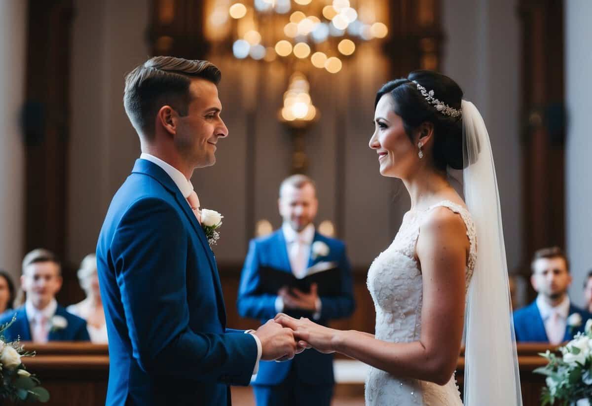The bride and groom stand facing each other at the altar, exchanging vows before exchanging rings