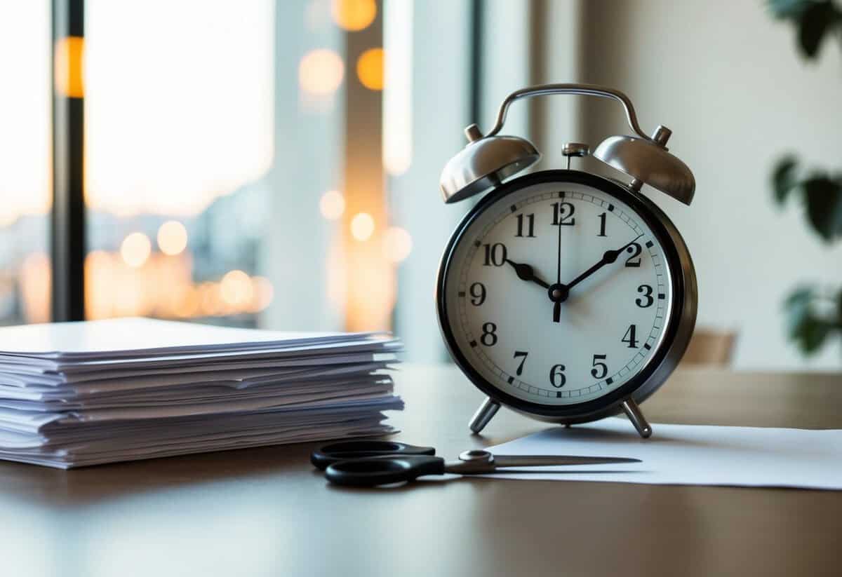 A clock with hands at 2:30, a stack of papers, and a pair of scissors on a table