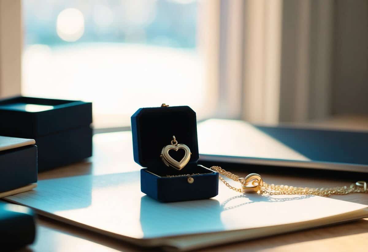 A small jewelry box sits open on a cluttered desk, revealing a delicate, heart-shaped locket nestled inside. Sunlight streams through the window, casting a warm glow over the precious keepsake