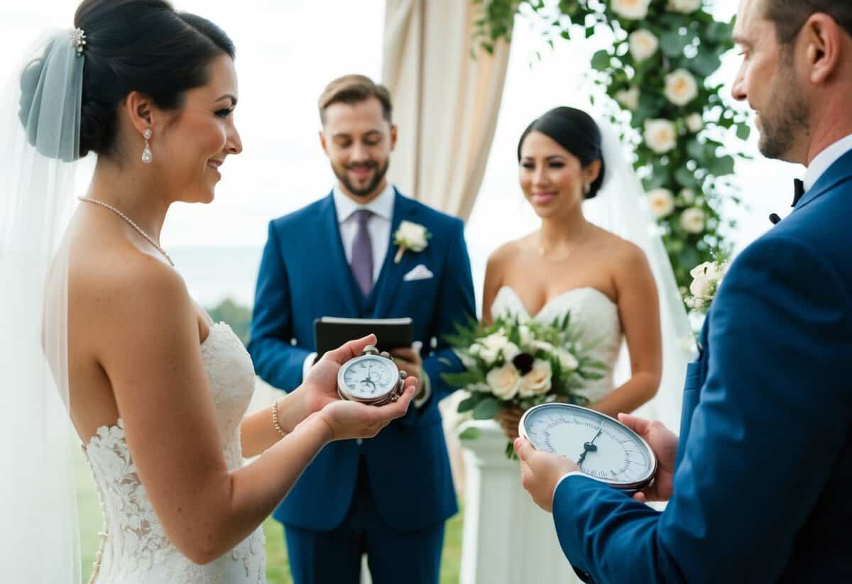 A wedding officiant checking a stopwatch while a couple stands before them, ready to exchange vows