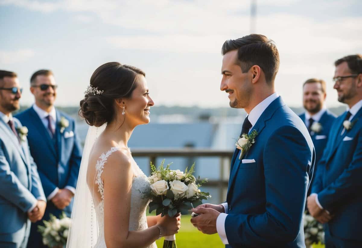 A bride and groom stand facing each other, one holding a bouquet and the other with a small box, as they prepare to exchange vows and rings