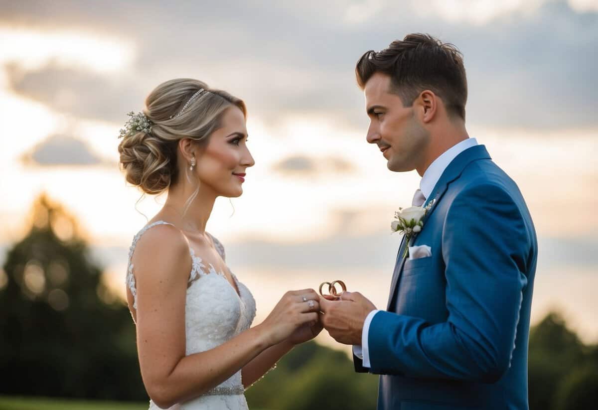 A bride and groom stand facing each other, one holding a set of vows and the other holding a pair of wedding rings. The couple looks contemplative as they decide which element to exchange first