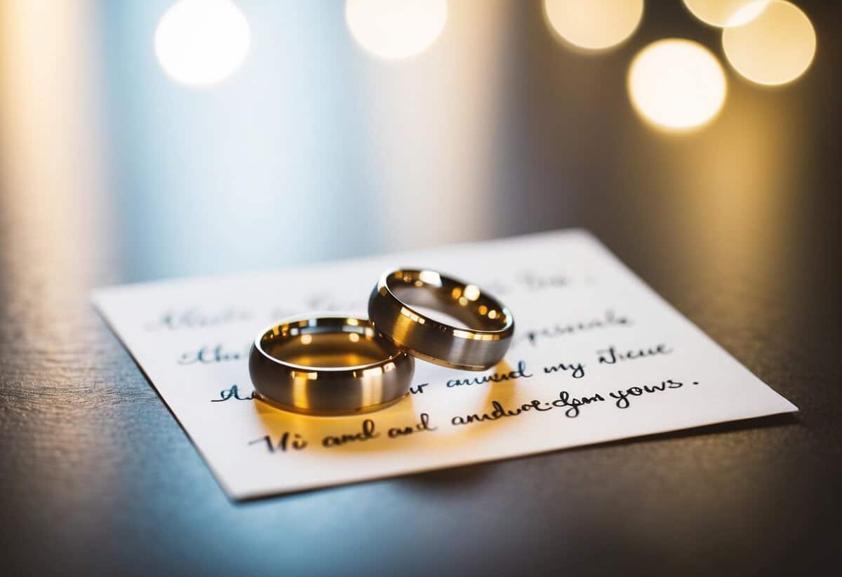 A table with two sets of wedding rings and a piece of paper with handwritten vows