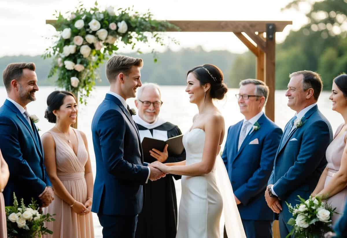 A couple standing together, surrounded by friends and family, exchanging vows as an officiant declares them married