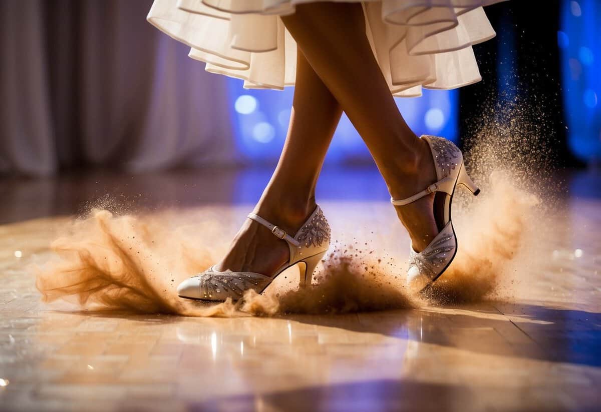 A pair of elegant shoes twirls across the dance floor, leaving behind a trail of shimmering dust