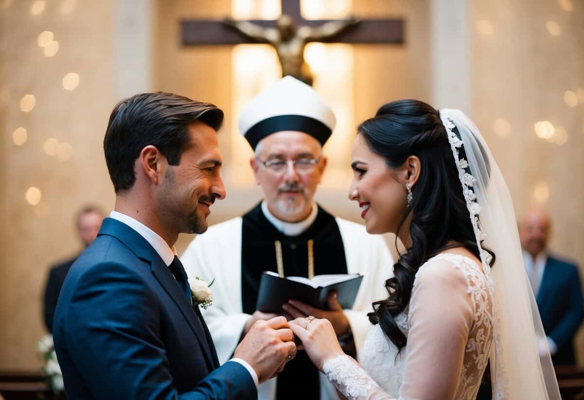A man and woman standing face to face, exchanging rings, with an officiant or religious figure presiding over them