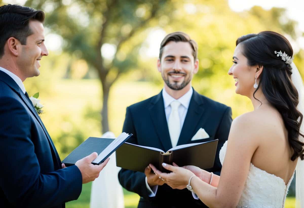 A wedding officiant stands before a couple, holding a book and speaking with authority. The couple stands facing each other, holding hands and smiling