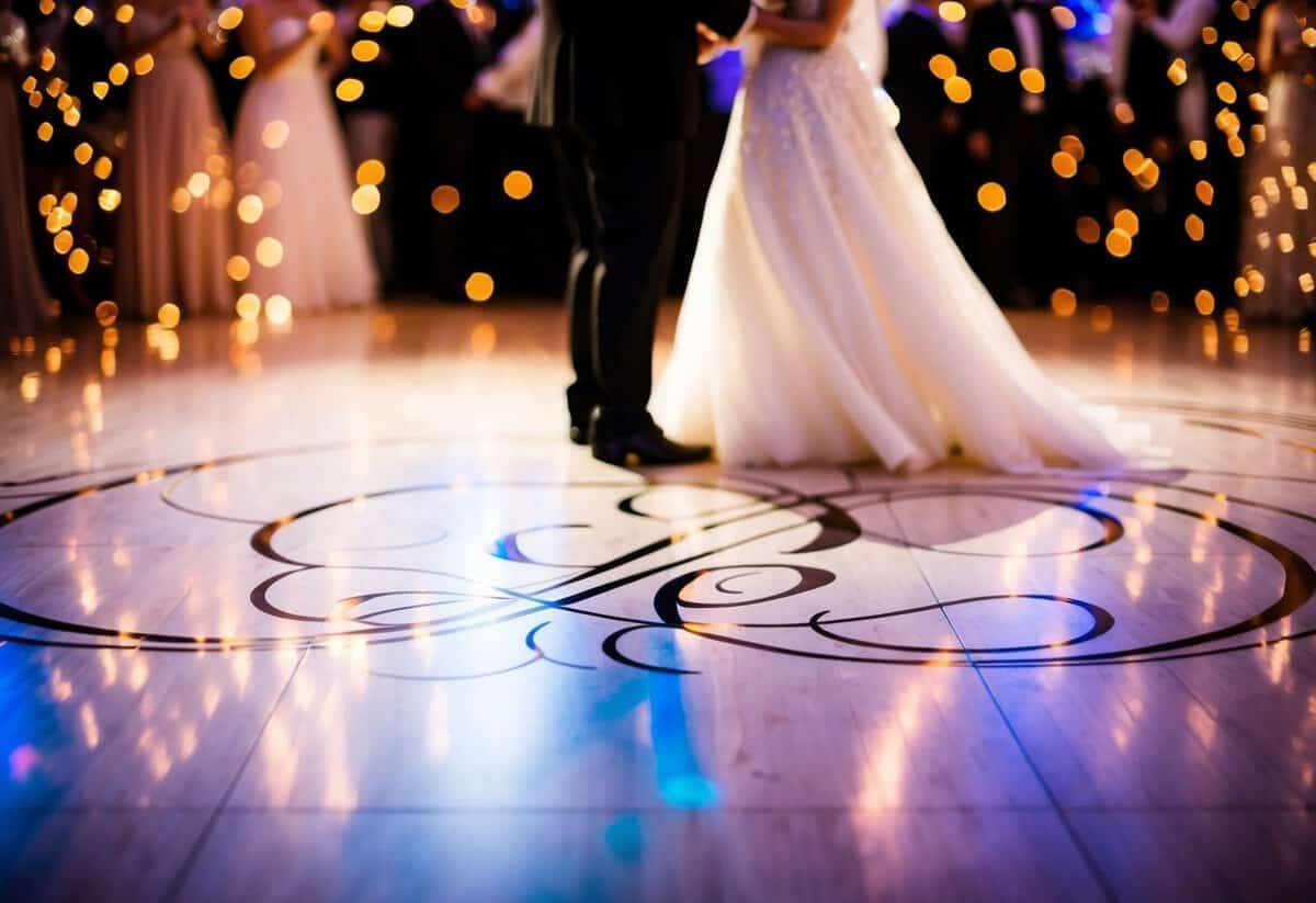 A couple's initials twirl across the dance floor in elegant script, surrounded by swirling patterns of light and color