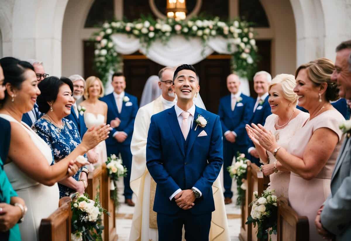 Tears fall as the groom stands at the altar, surrounded by joyful guests and a beautiful setting