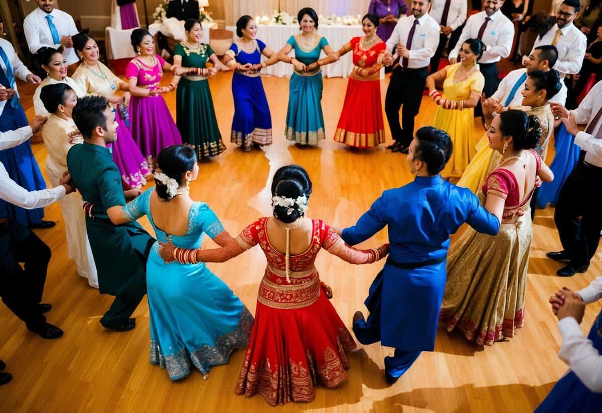 A circle of dancers, each representing a different cultural element, take turns leading the wedding dance
