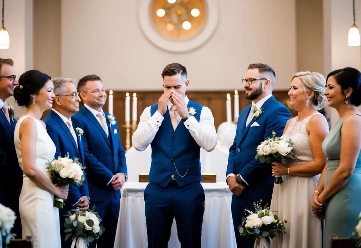 A groom standing at the altar, surrounded by supportive loved ones, taking deep breaths and wiping away tears of joy