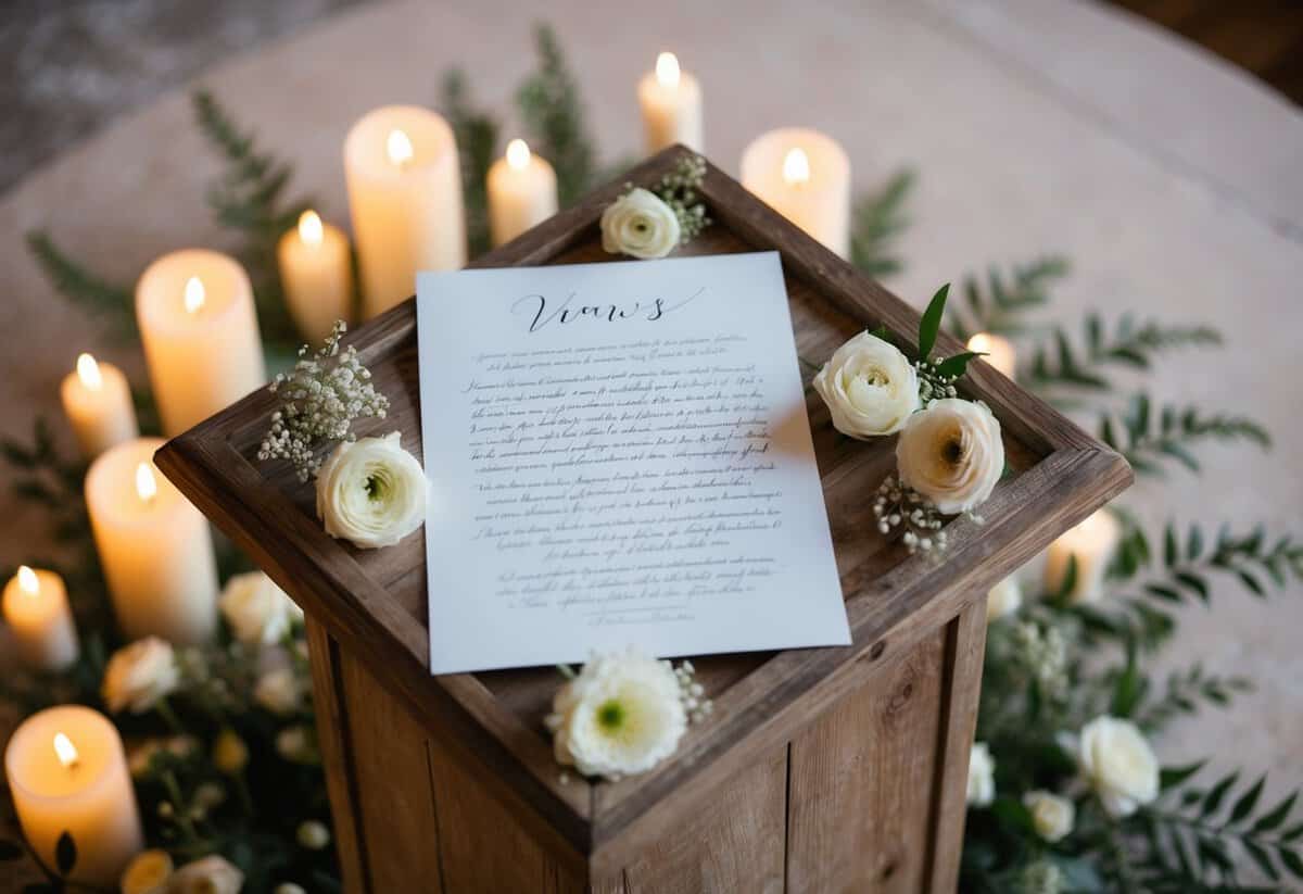 A paper with handwritten vows lies on a rustic wooden podium, surrounded by soft candlelight and delicate floral arrangements