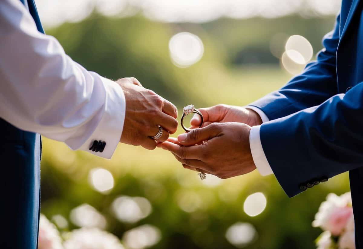The best man hands the rings to the officiant