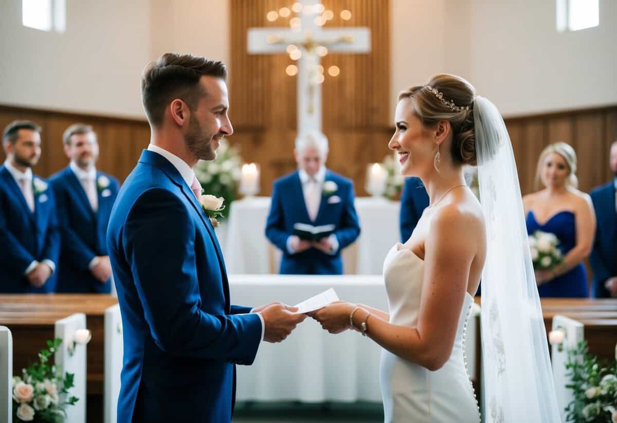 A bride and groom stand at the altar, facing each other, with a piece of paper in hand, ready to read their vows during the wedding ceremony