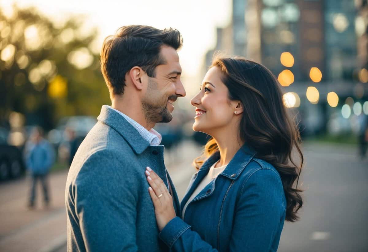 A couple standing face to face, gazing into each other's eyes with joy and anticipation