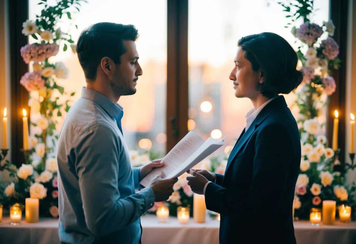 A couple stands facing each other, surrounded by flowers and candles. One holds a paper while the other listens attentively
