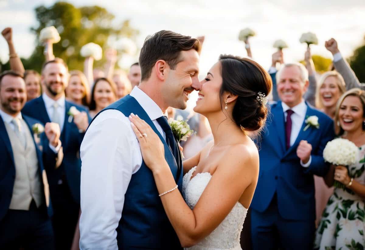 A couple standing face to face, smiling, and leaning in for a kiss, surrounded by cheering wedding guests