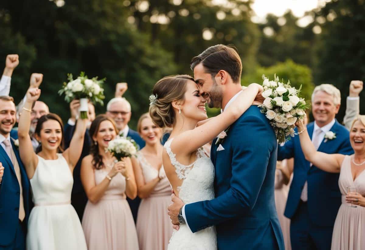 The newly married couple embraces, surrounded by cheering guests