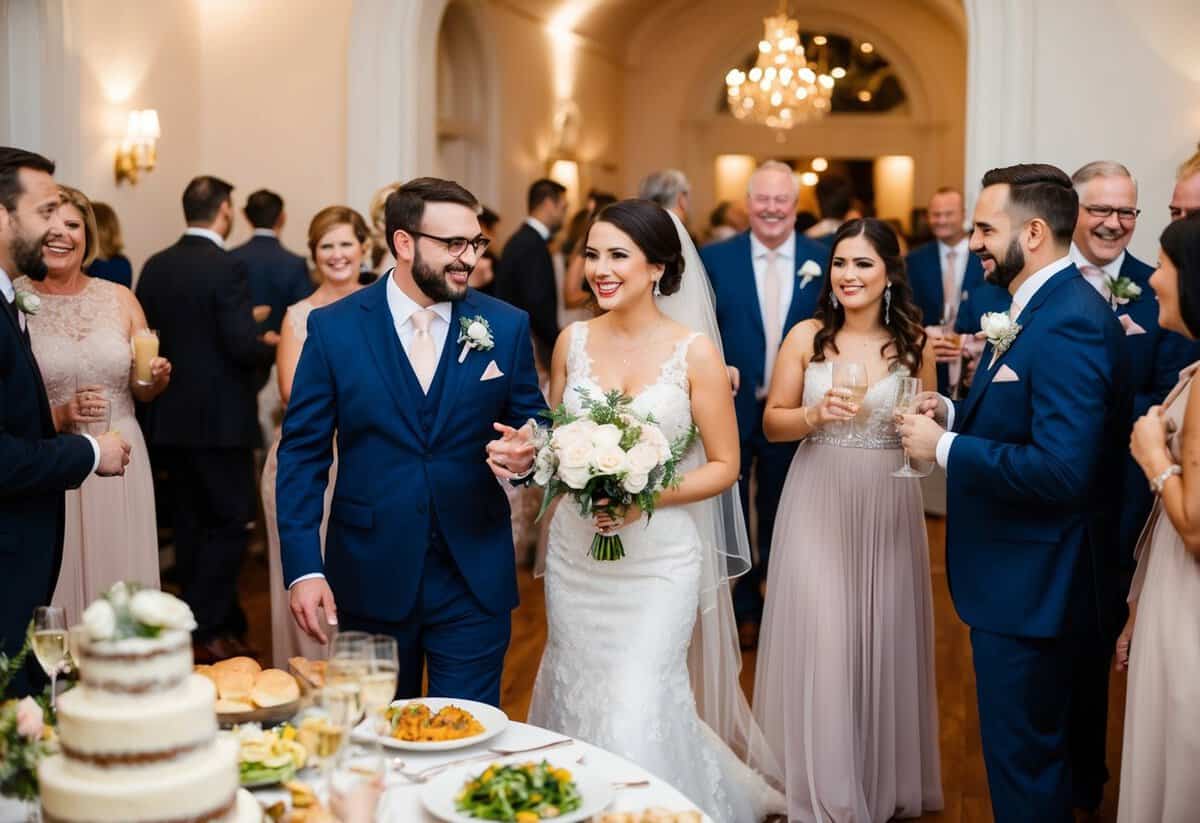 Guests mingle, music plays, and food is served as the bride and groom make their entrance, followed by toasts, dancing, and cake cutting