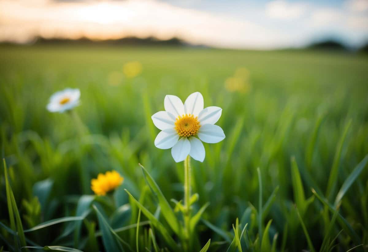 A single flower growing in a field of grass