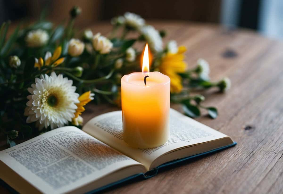 A single lit candle surrounded by flowers and a small, open book on a wooden table