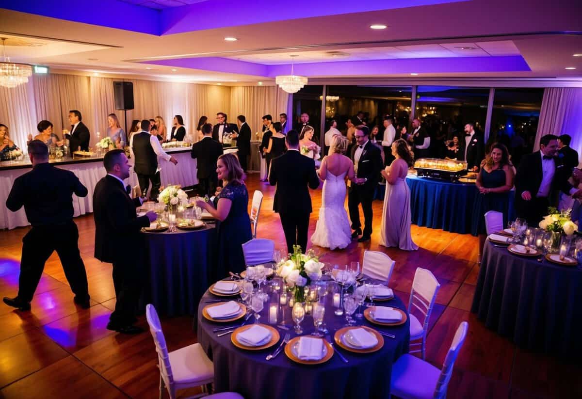Guests mingle around the dance floor, while the DJ plays music. The bar is busy, and the buffet table is set up for dinner. Tables are adorned with centerpieces and place settings