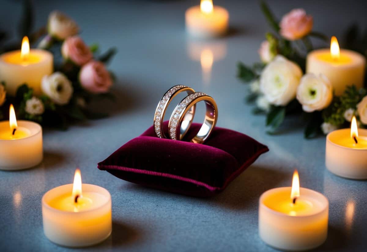 A pair of intertwined rings on a velvet cushion, surrounded by flickering candles and a floral arrangement