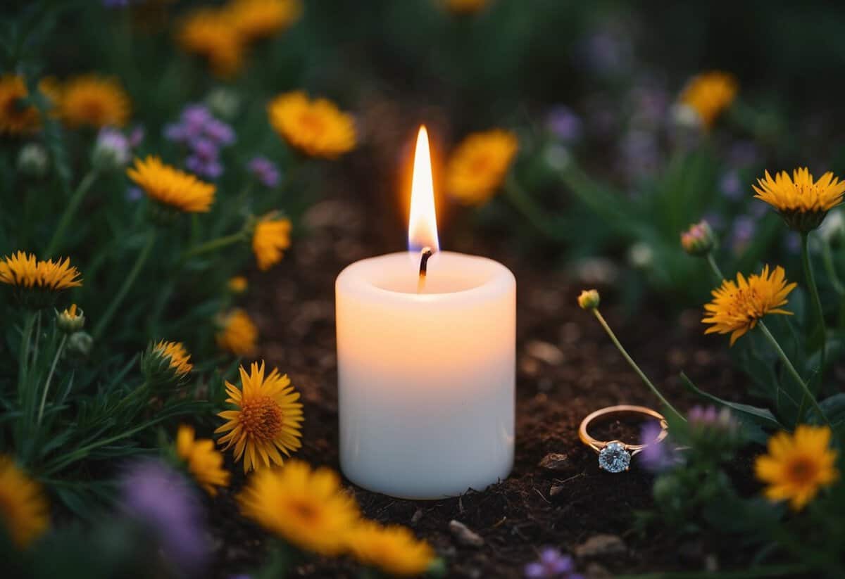A single lit candle surrounded by wildflowers and a small, handmade ring
