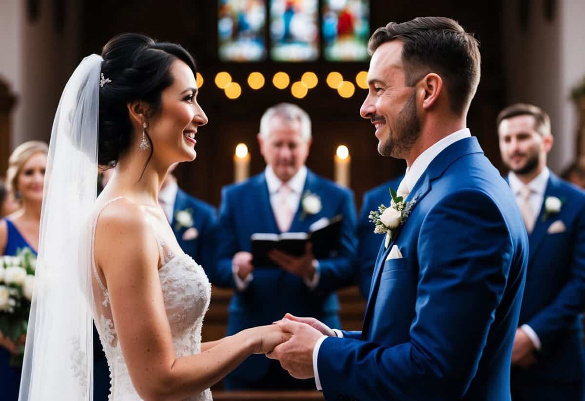 A bride and groom stand facing each other, exchanging vows at the altar. Their expressions are filled with love and commitment as they speak their promises to each other