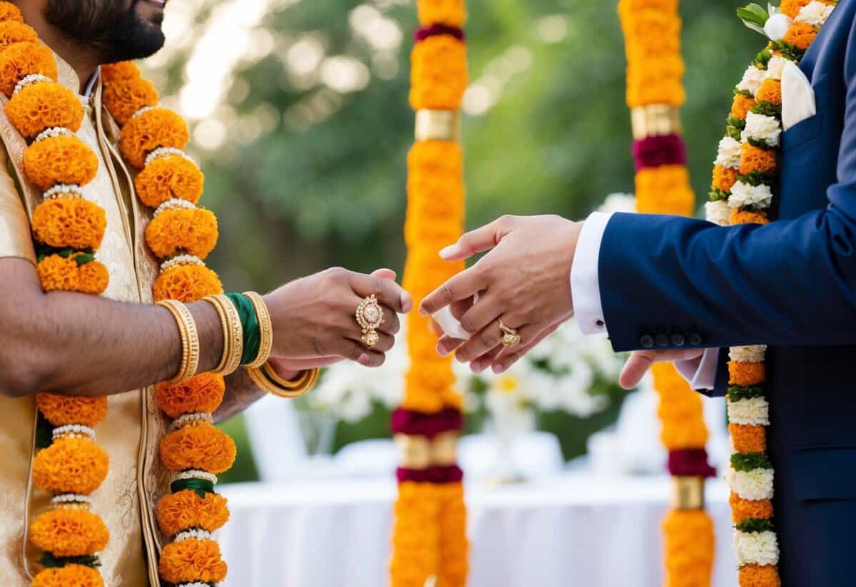 A Hindu couple exchanges garlands while a Christian couple exchanges rings