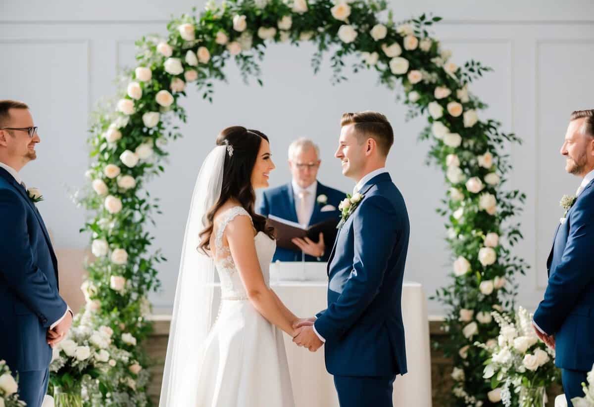 A bride and groom stand facing each other at the altar, exchanging vows under a floral archway