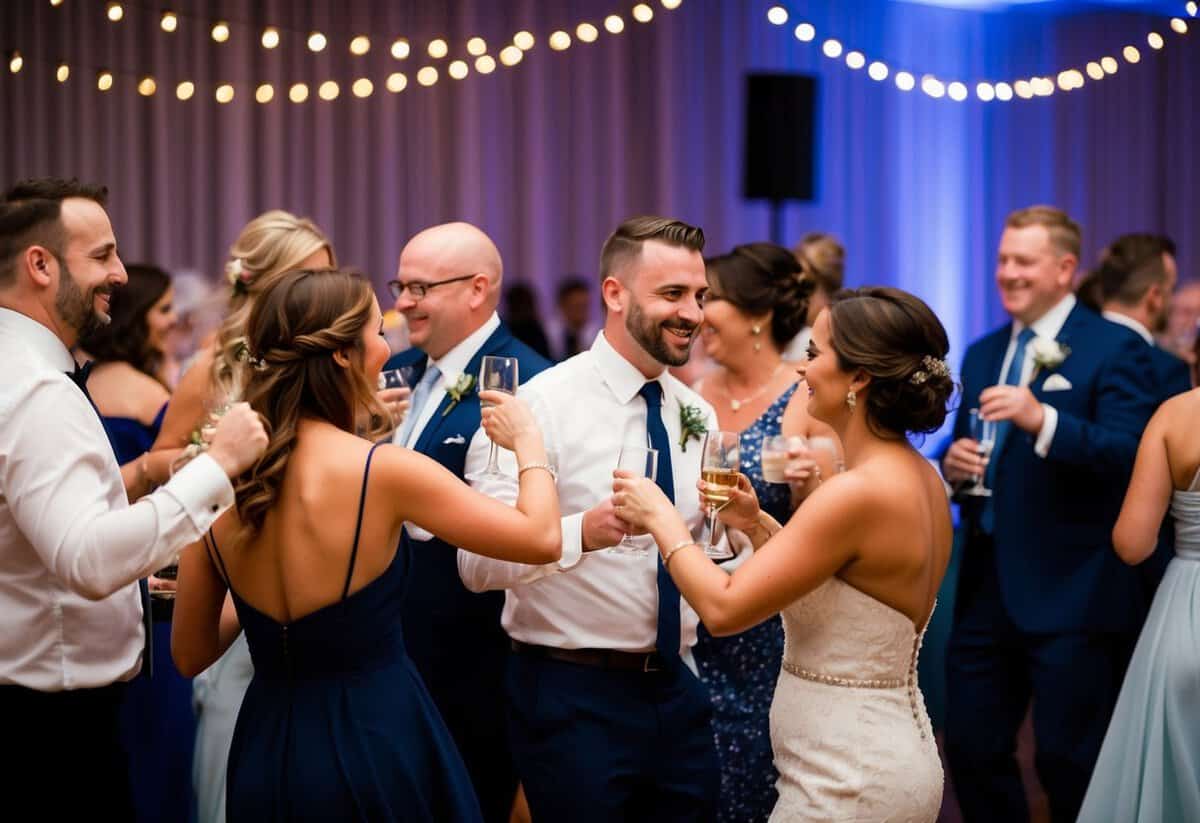 Guests mingling, clinking glasses, and dancing under twinkling lights at a wedding reception