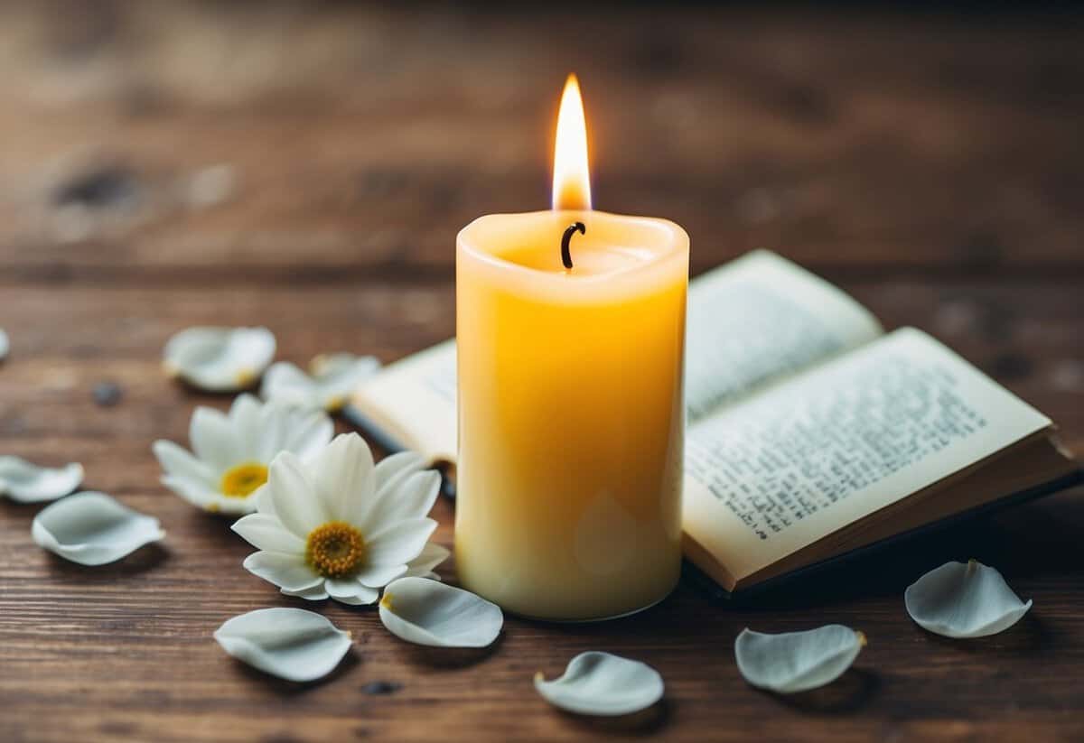 A single candle standing on a wooden table, surrounded by delicate flower petals and a small, open book