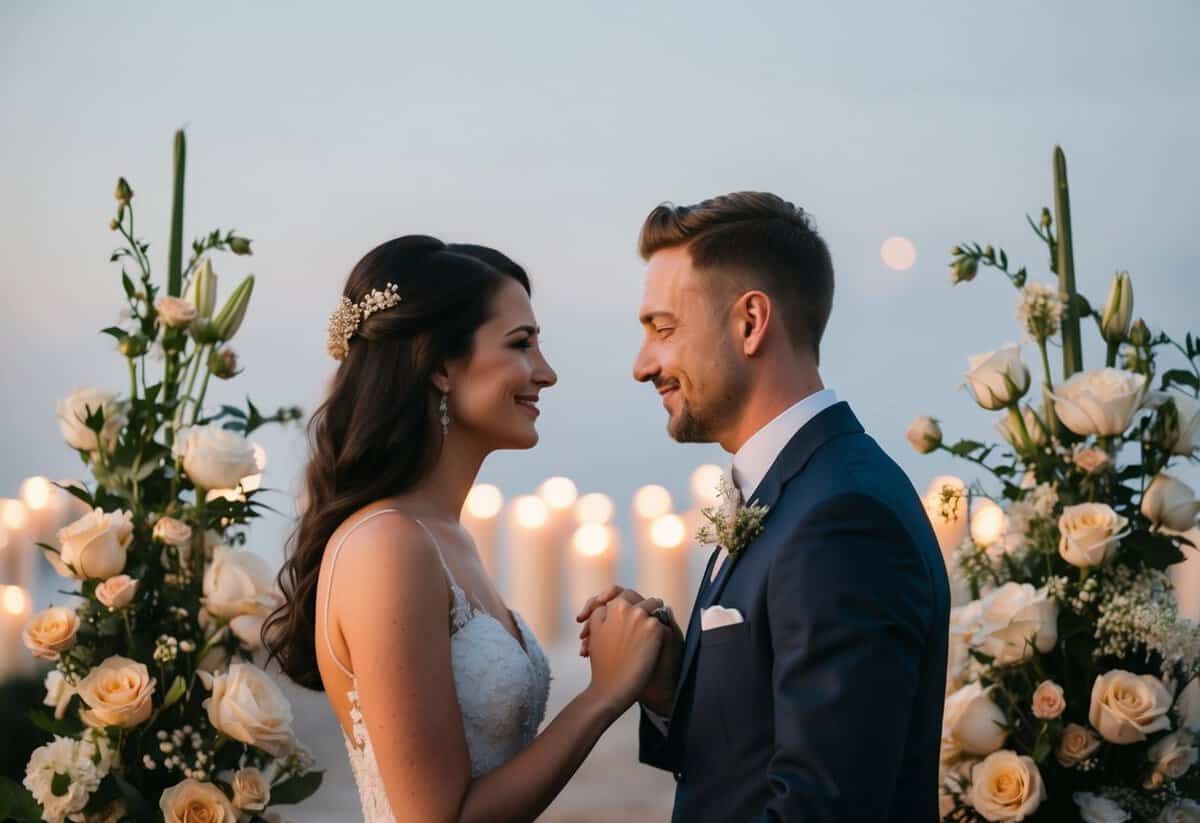 A couple standing face to face, exchanging vows with love and sincerity, surrounded by flowers and candles