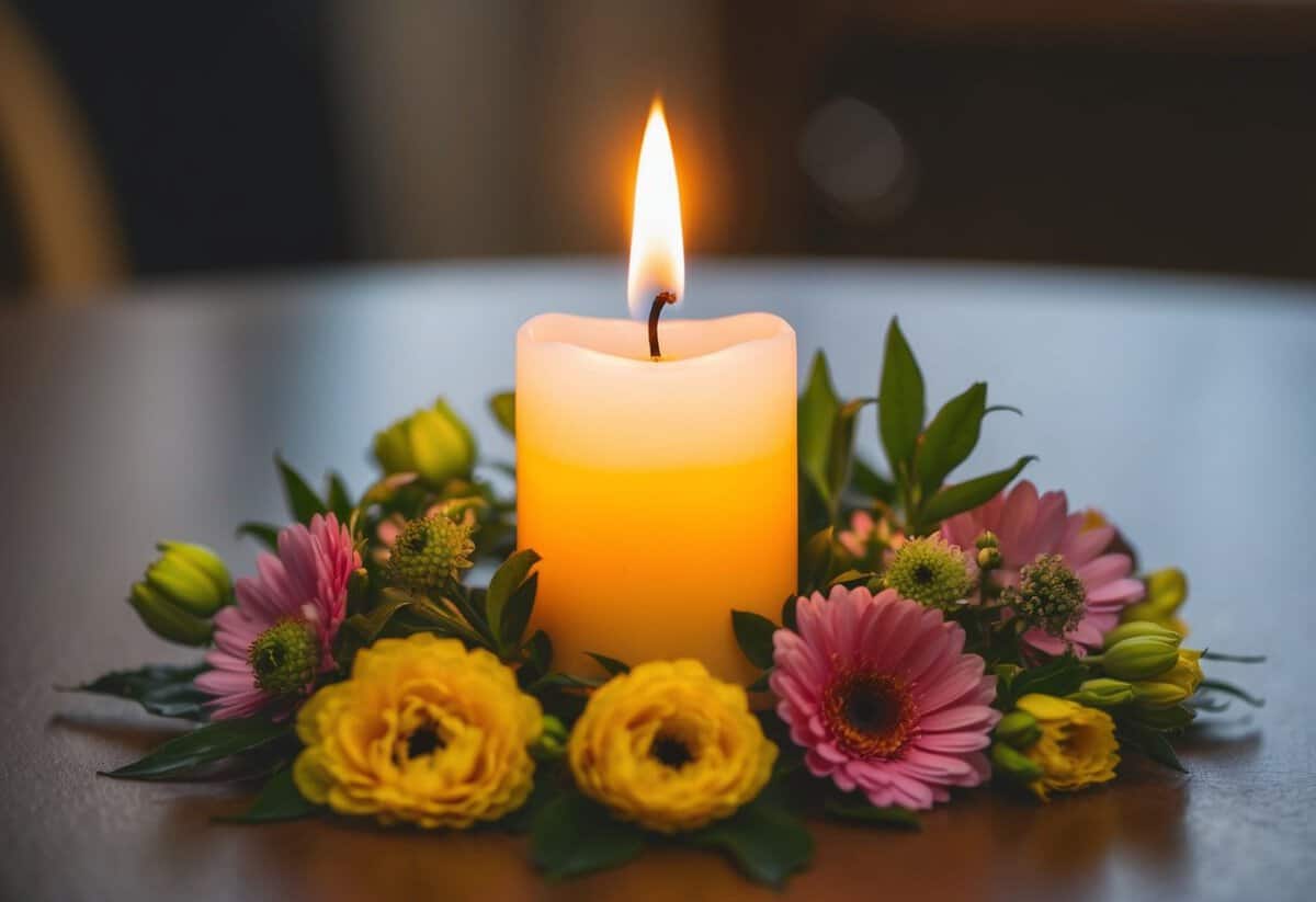 A single lit candle surrounded by fresh flowers, symbolizing a simple vow